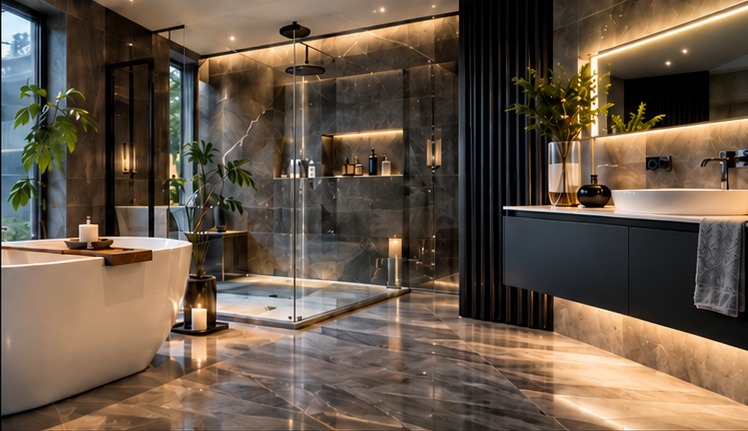 Luxury contemporary bathroom with freestanding bath and walk-in shower
